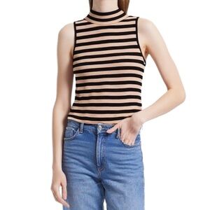 CATHERINE MALANDRINO Striped Preppy Mock Turtleneck in Tan & Black Size S